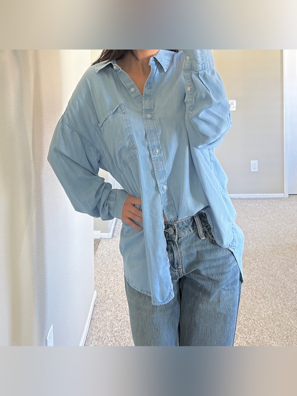 SO Light Blue Chambray Style Button Down Shirt Cowgirl